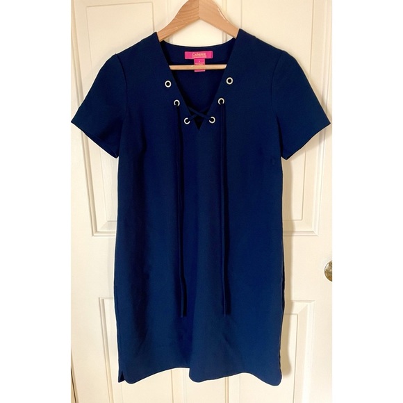 Catherine Malandrino Navy Blue Lace Front Grommet Shift Dress w/ Pockets Small - Picture 2 of 7